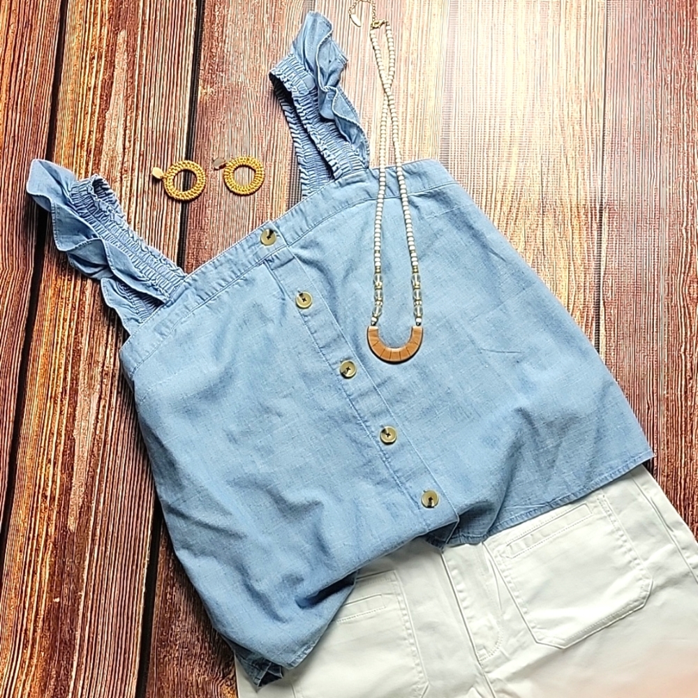 J. Crew Chambray Ruffled Shoulder Top